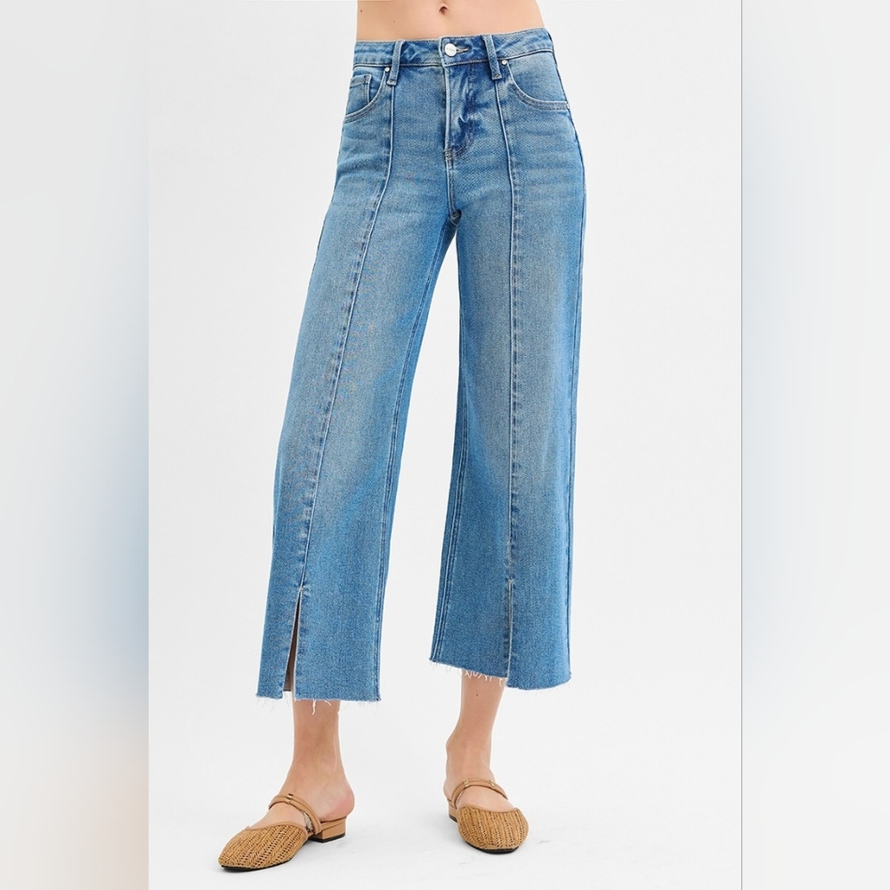 RISEN Mid-Rise Tummy Control Pintuck Seam Wide Leg Pants Slit Hem Denim Jeans - Picture 4 of 16